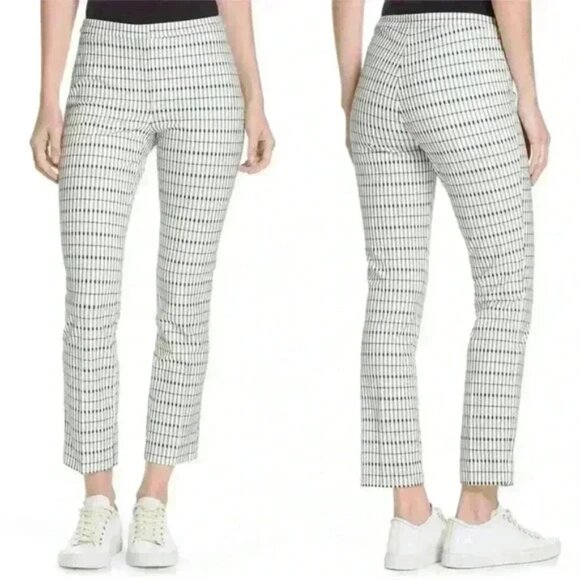 Theory Pants 8 Classic Skinny Plaid Grid Viscose Stretchy Ivory Black Green - Picture 1 of 7